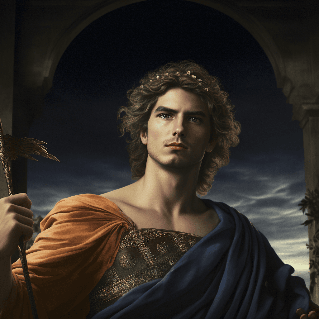 AI generated: cinematic film still, breathtaking, Greek God apollo, in a Mystic sanctuary, enigmatic mood, etherea...