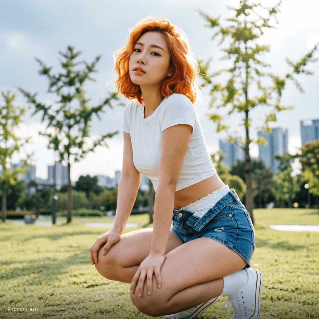 AI generated: An artistic composition featuring a person with orange hair casually squatting in a park, capturing ...