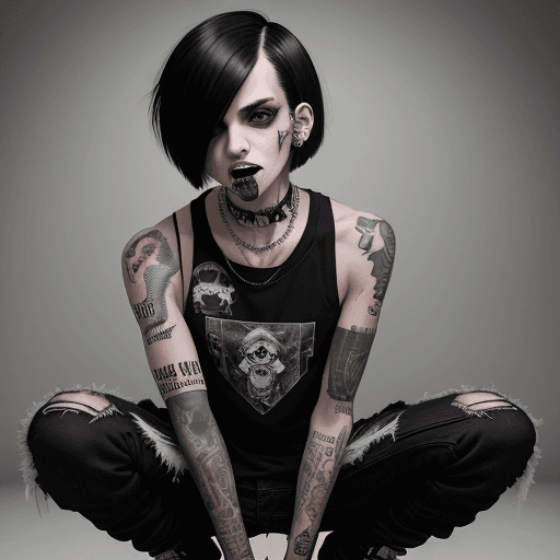 AI generated: delinquent street punk in emo style clothes holding up the middle finger, looking at viewer, 1boy, b...