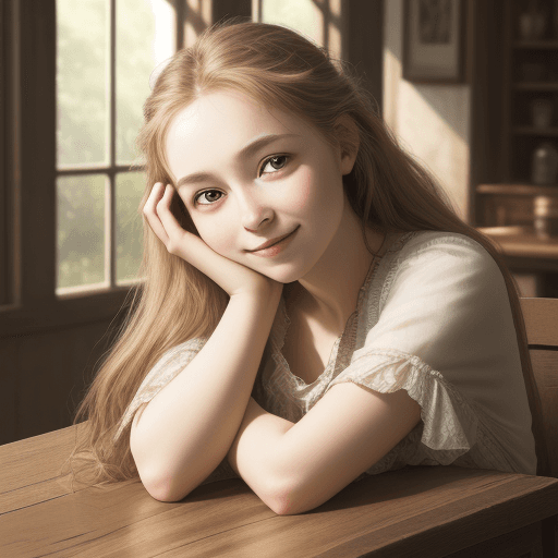 AI generated: a portrait of natural beauty, resting her head on her arms on the table, friendly expression, high q...