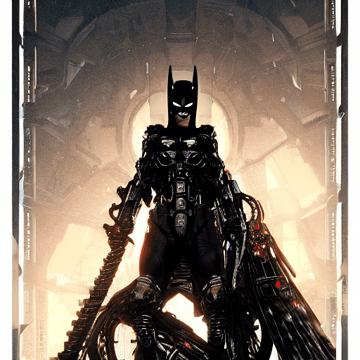 AI generated: octane render of cyberpunk batman by Tsutomu nihei, chrome silk with intricate ornate weaved golden ...