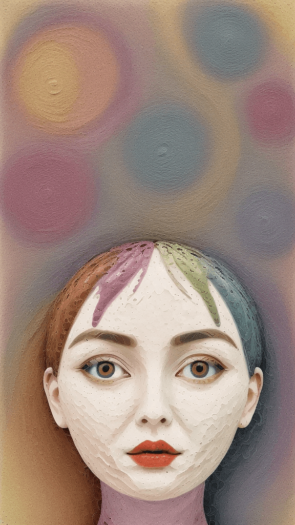 AI generated: a woman is shown with white circles surrounding her face, in the style of colorful impasto, three-di...
