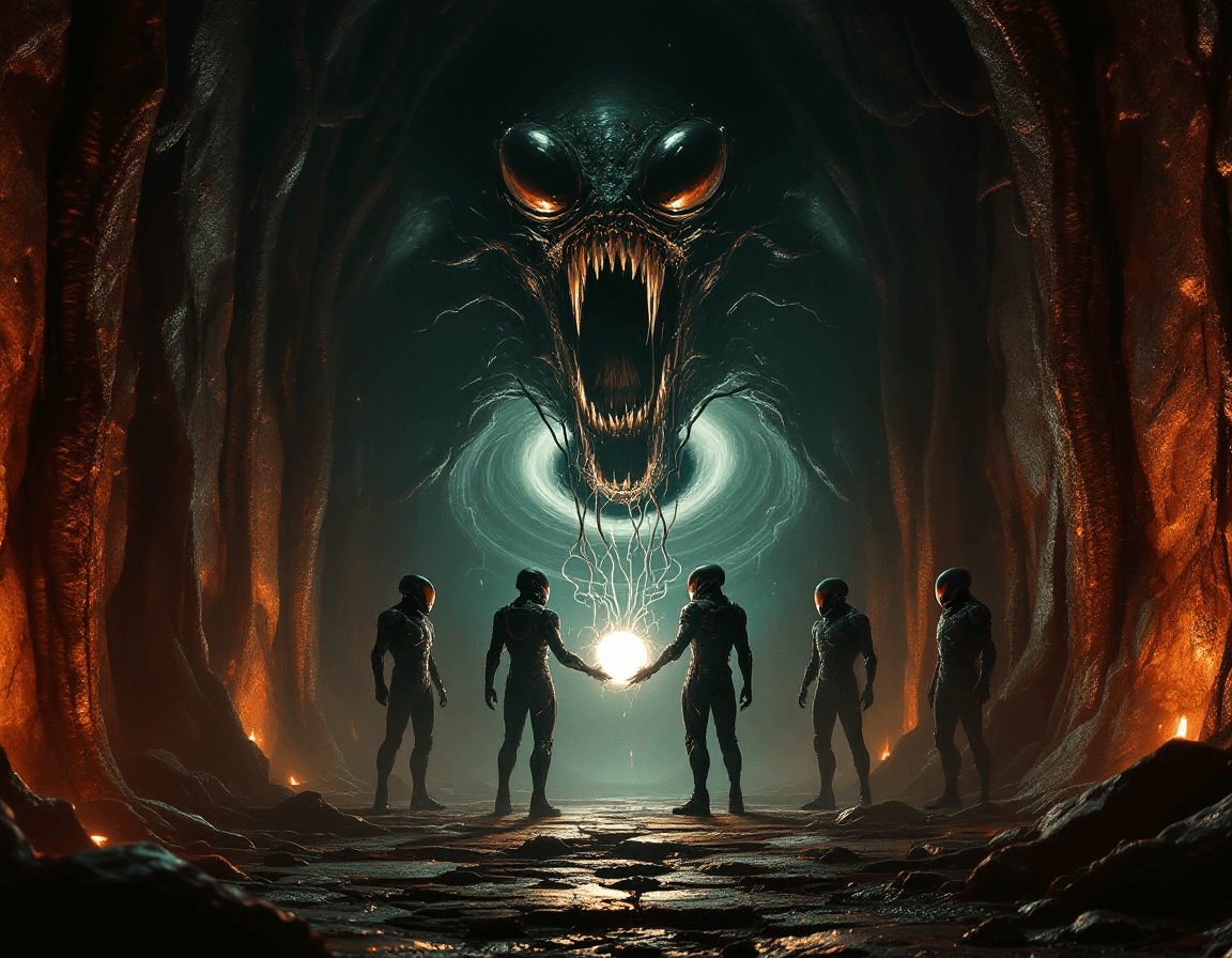 AI generated: A terrifying, monstrous alien creature with multiple glossy black eyes and a massive open mouth full...