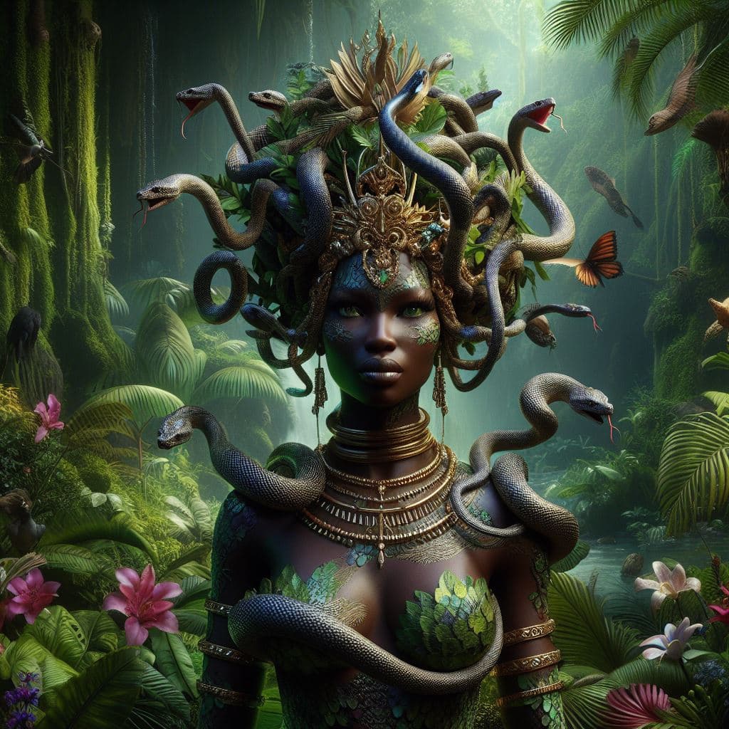 AI generated: In this portrait, Yemoja is depicted in her Serpent's Embrace skin, surrounded by a lush jungle envi...