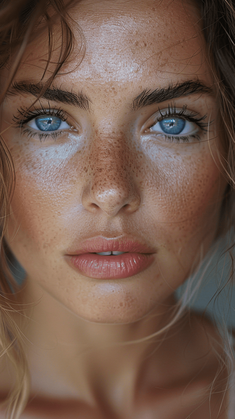 AI generated: A close-up portrait of an Instagram model with blue eyes, shot in the style of Fujifilm Provia film ...