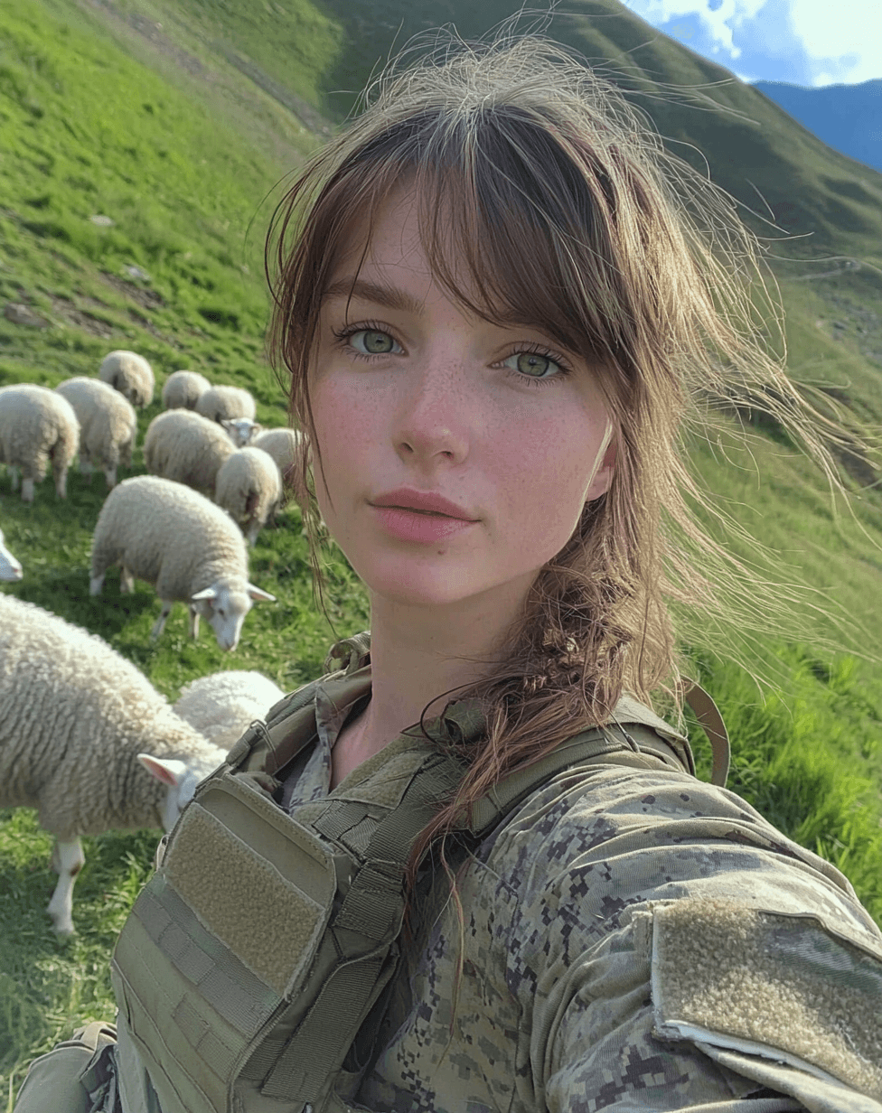 AI generated: A photo of a female marine in the mountains, with green grass and white sheep flocking around her. I...
