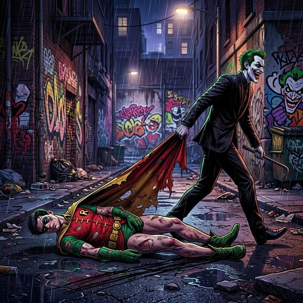 AI generated: a side profile full body pov 3d realistic illustration of a defeated, battered robin from Batman bei...