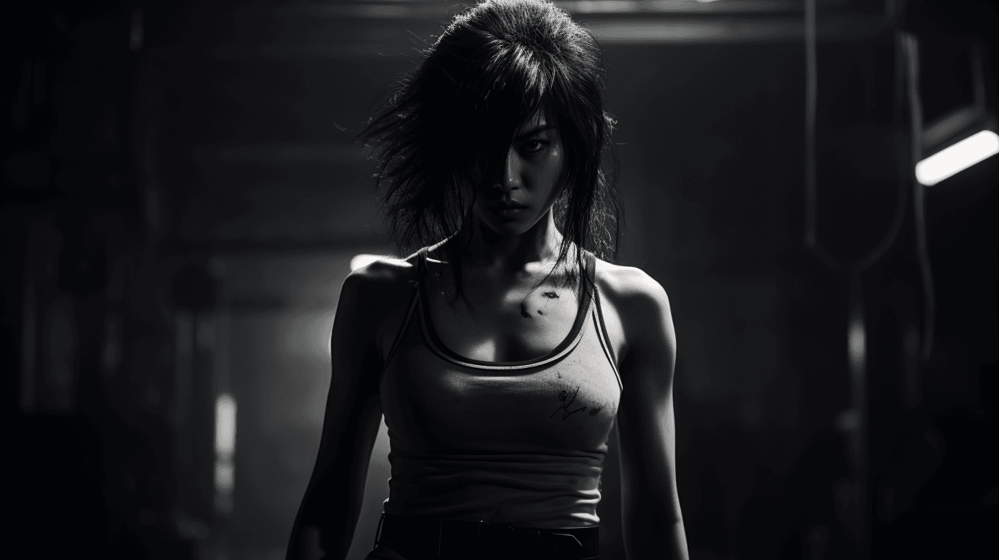 AI generated: HoYeon Jung as a cyberpunk street fighter, 16-35mm lens, f/1.8, global illumination, natural light, ...