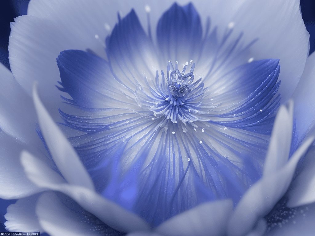 AI generated: In a resplendently ethereal natural world, a tiny flower blooms in vibrant shades of indigo and silv...