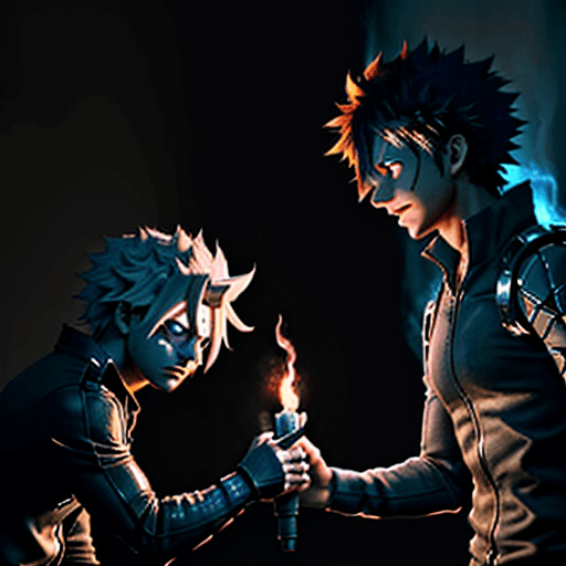 AI generated: Photograph of Hawks and Dabi from My Hero Academia, fighting, ((Pitch black room with only fire ligh...