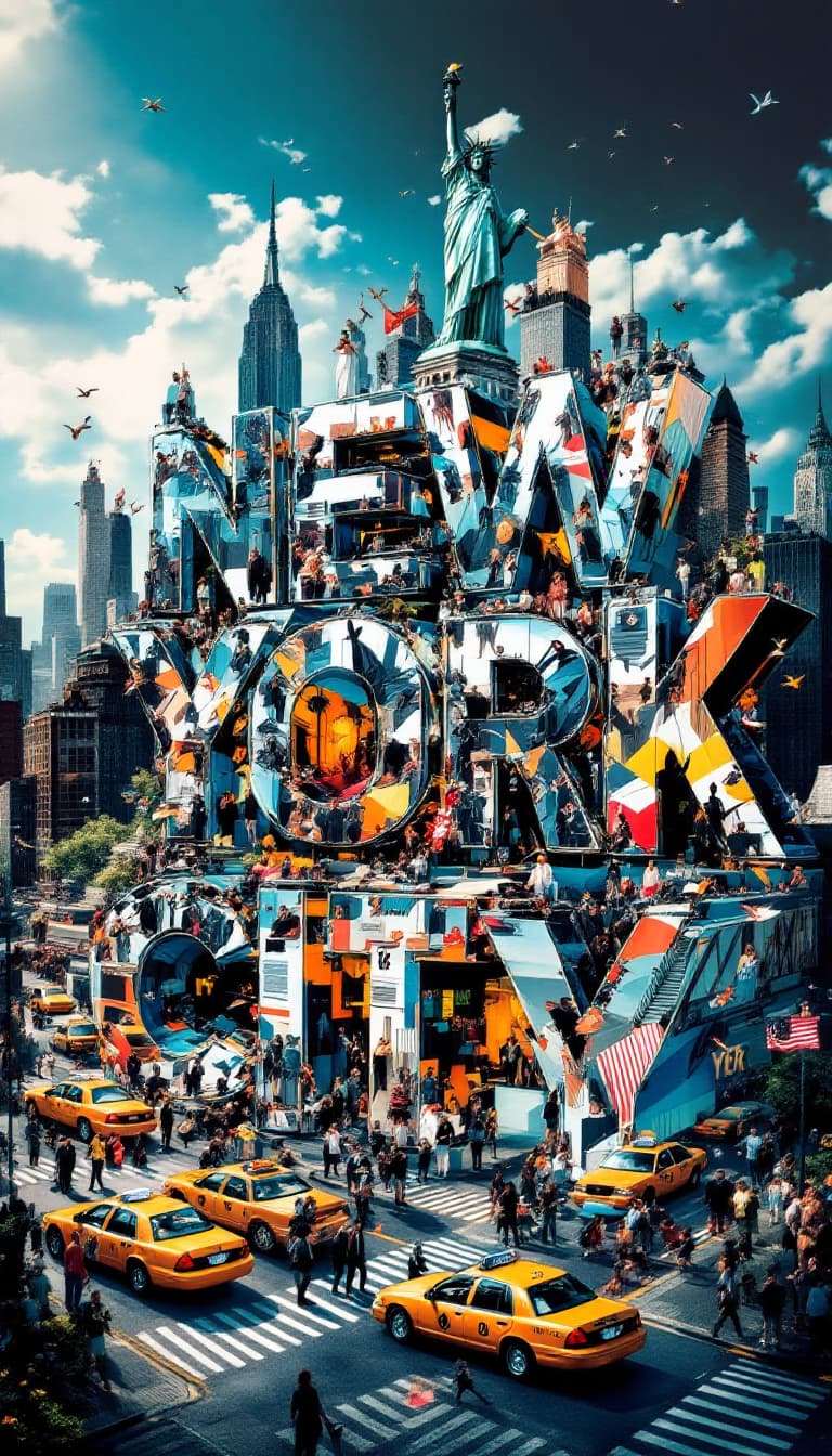 AI generated: A striking, high-contrast cinematic photo-style vertical collage that captures the essence of New Yo...