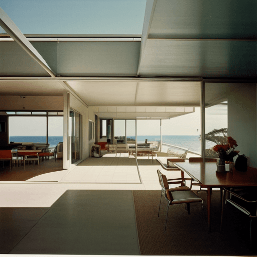 AI generated: Hyper realistic eye level exterior photo of a mid century modern style house overlooking the ocean, ...