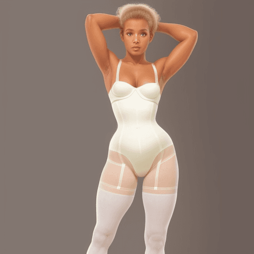 AI generated: Girl wearing a 1990s bodybriefer girdle over pantyhose. her pantyhose are white.
