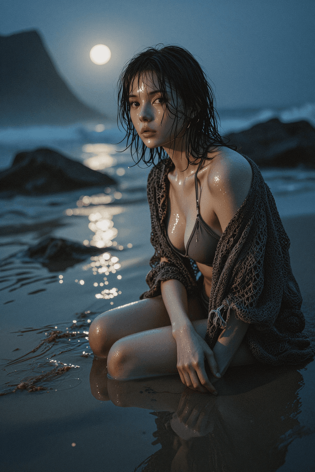 AI generated: Twilight Shoreline (Melancholic & Pensive)
a. Shooting Angle: Low-angle shot from the water's edge, ...