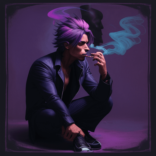 AI generated: Album artwork. A dark male figure sitting in a crouched position smoking smoking. A female figure bl...