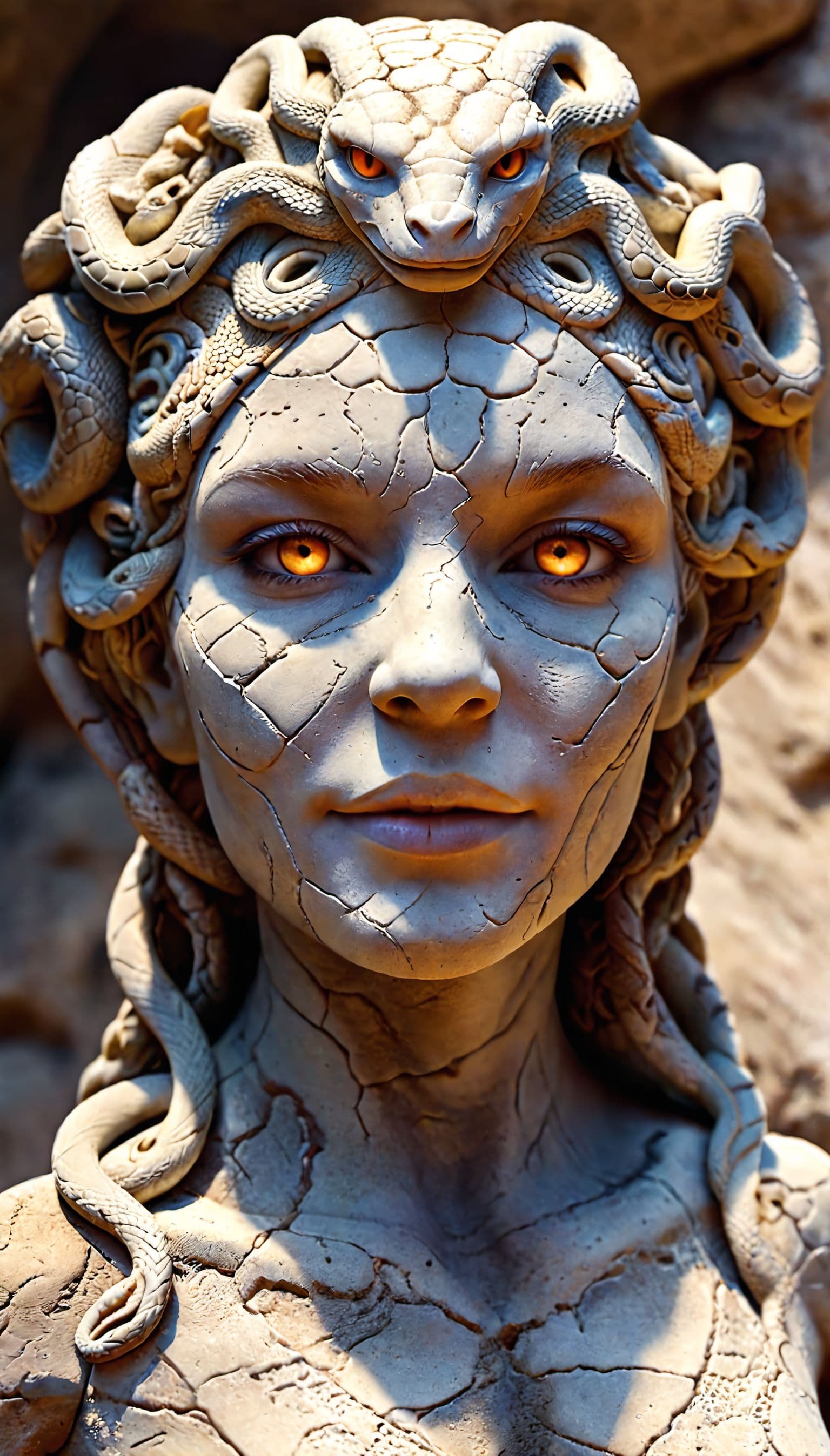 AI generated: beautiful smiling stone woman chiseled out of stone with snakes eyes, (glowing eyes:1.2), medusa, sh...