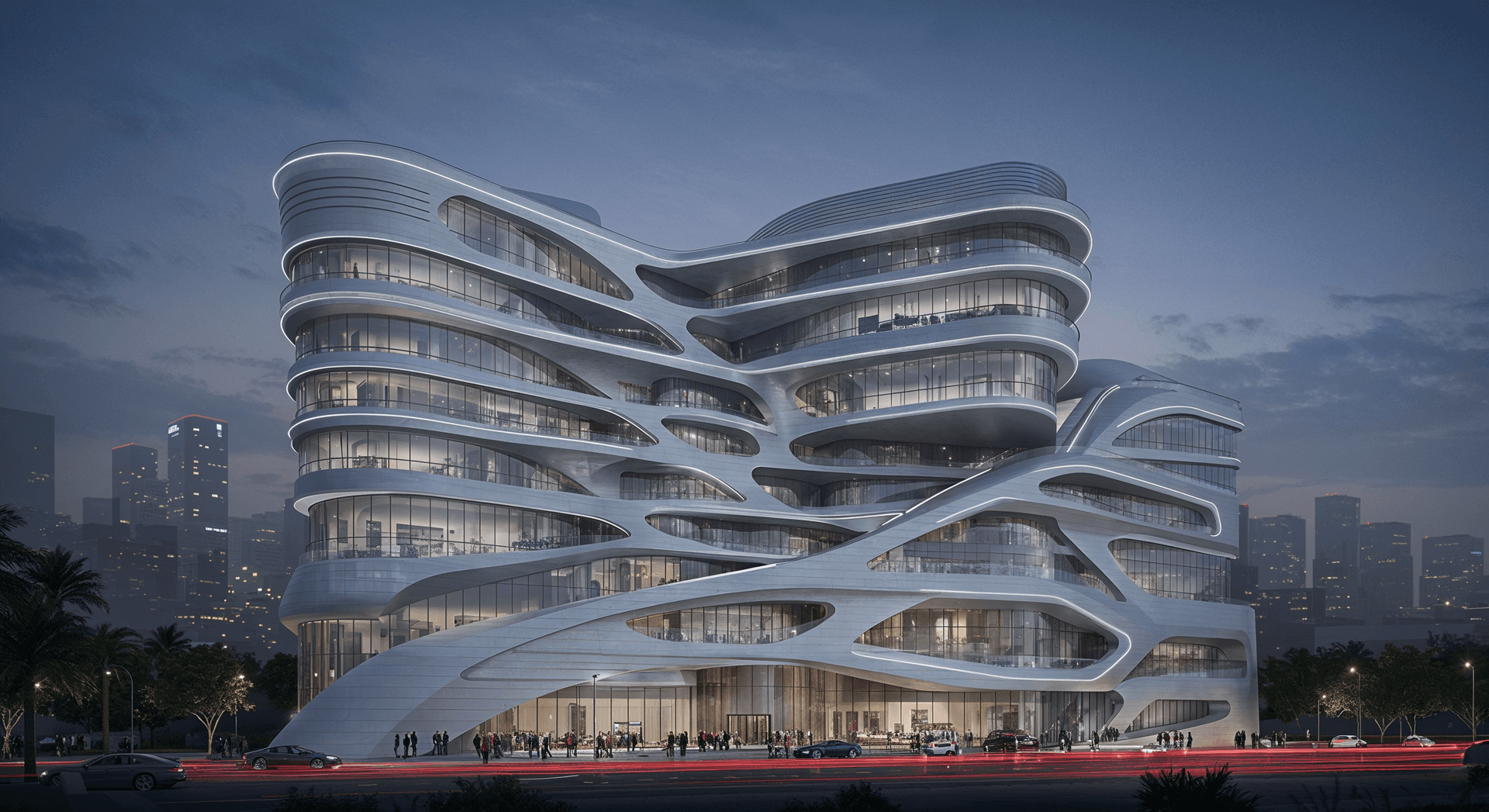 AI generated: cityscape backdrop, style of Zaha Hadid, evening, artificial lighting, cuttingedge, silvergray tones...