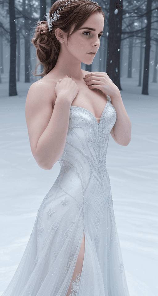AI generated: Emma Watson is portrayed as the iconic Elsa from Disney's Live series in this stunning full-body por...