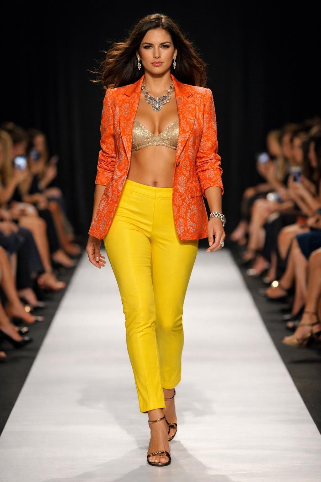AI generated: A fashion model confidently walks down a runway, showcasing a vibrant orange patterned blazer and br...