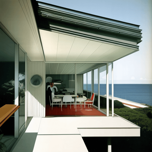 AI generated: Hyper realistic eye level exterior photo of a mid century modern style house overlooking the ocean, ...