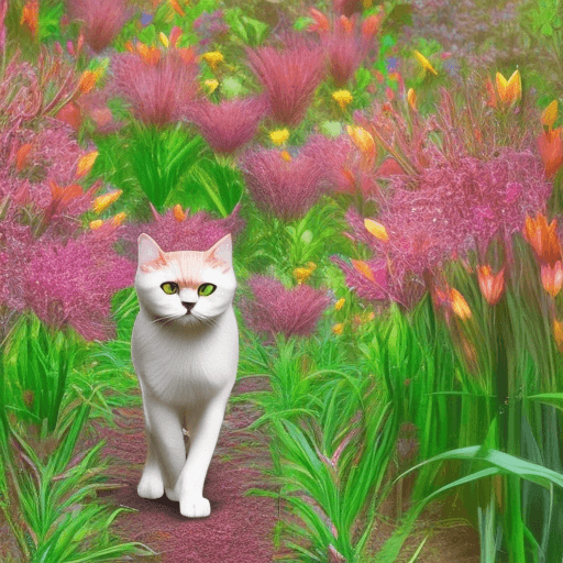 AI generated: Beautiful exotic cat walking on 2 legs through a glowing lily field. The lilies have pastel colors.