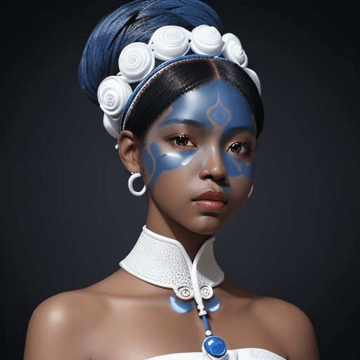 AI generated: an ebony woman made out of porcelain, in the style of balanced symmetry, white and blue, detailed fa...
