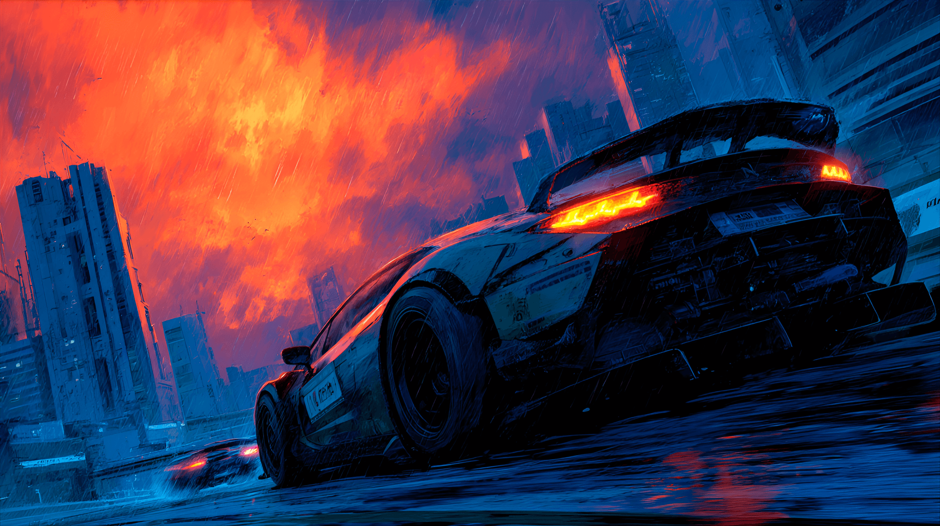 AI generated: moe technique, a thrilling car race in a dystopian metropolis, intense character dynamics, kawamori ...