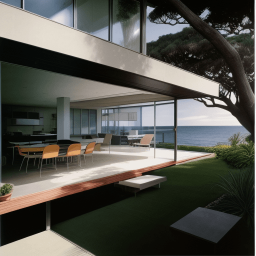 AI generated: Hyper realistic eye level exterior photo of a mid century modern style house overlooking the ocean, ...