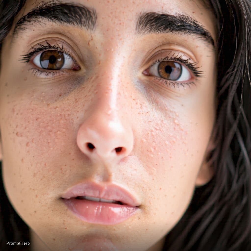 AI generated: (SORA)
amateur film photo

close-up of a face

skin normal
but pores slightly too deep
as if surface...