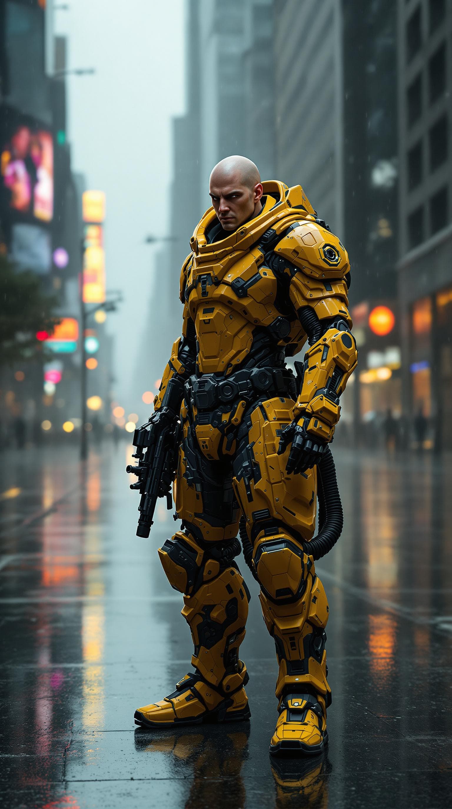AI generated: Yellow and black , cyber, 8k, ultra realistic, cyborg, transhumanism, futuristic, warrior, bald head...