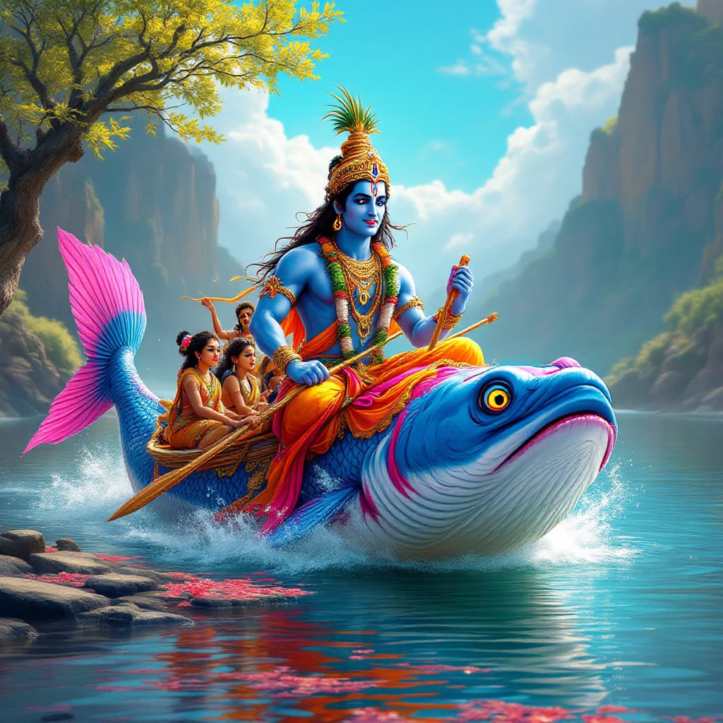 AI generated: hindu mythology character matya avtar  mean vishnu in fish avtar pulling a boat with people in boat ...