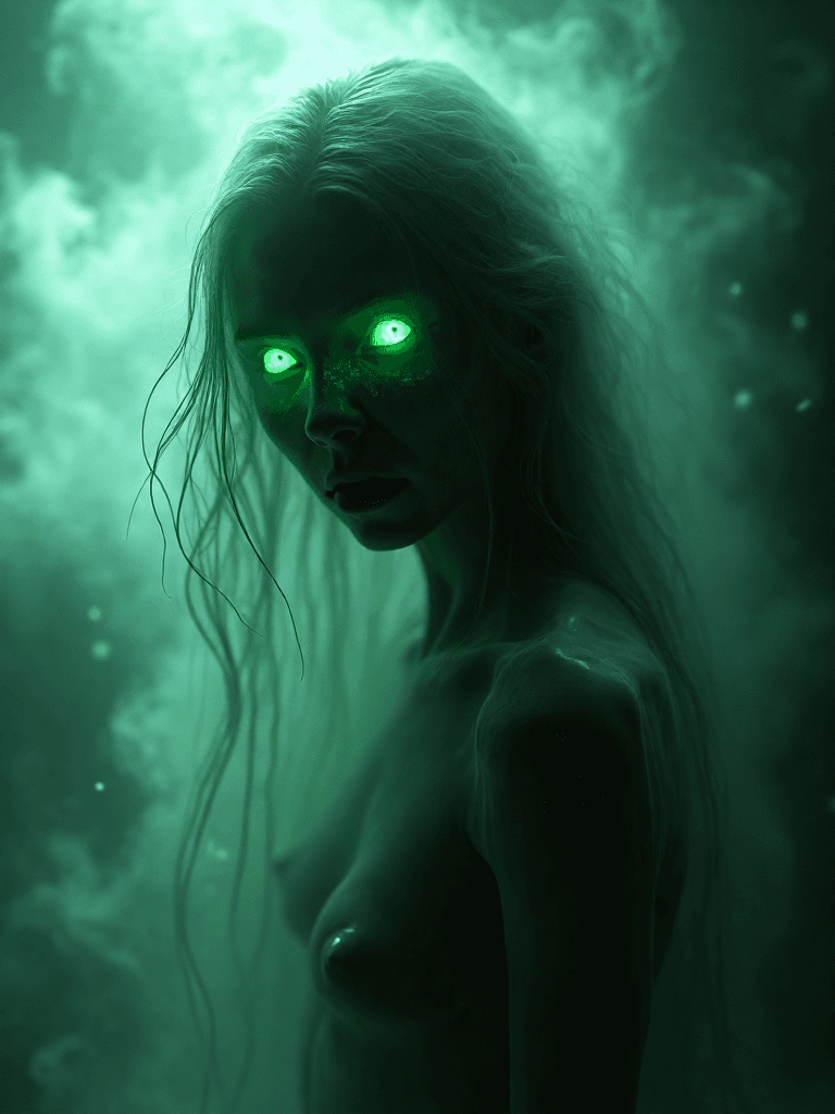 AI generated:  A hyper-realistic, cinematic image of a beautiful ghostly woman, her nude form gracefully cloaked i...