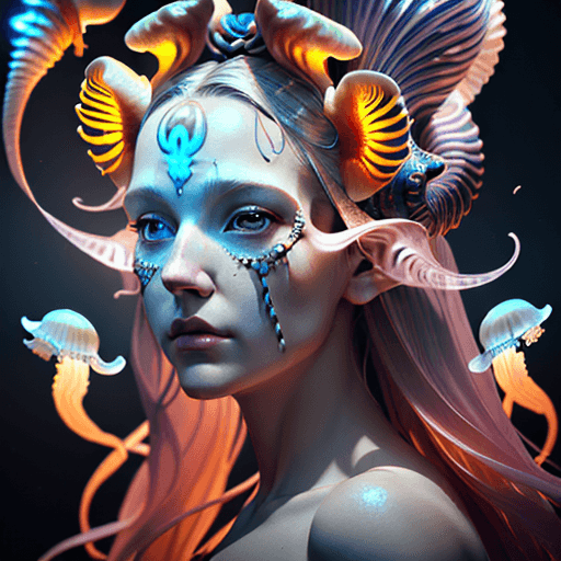 AI generated: Goddess close-up portrait ribcagel. jellyfish phoenix head, nautilus, orchid, skull, betta fish, bio...