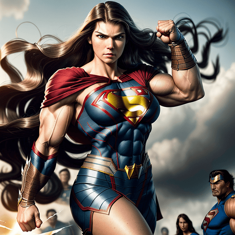 AI generated: a humanities last hope for freedom, strong, powerful, muscular, long flowing wavy retro hair, sharp ...