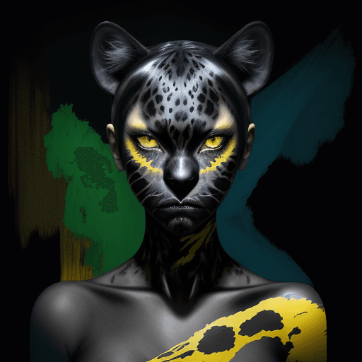 AI generated: A digital painting of a black jaguar with yellow eyes , her head looking front. Her skin has a crack...