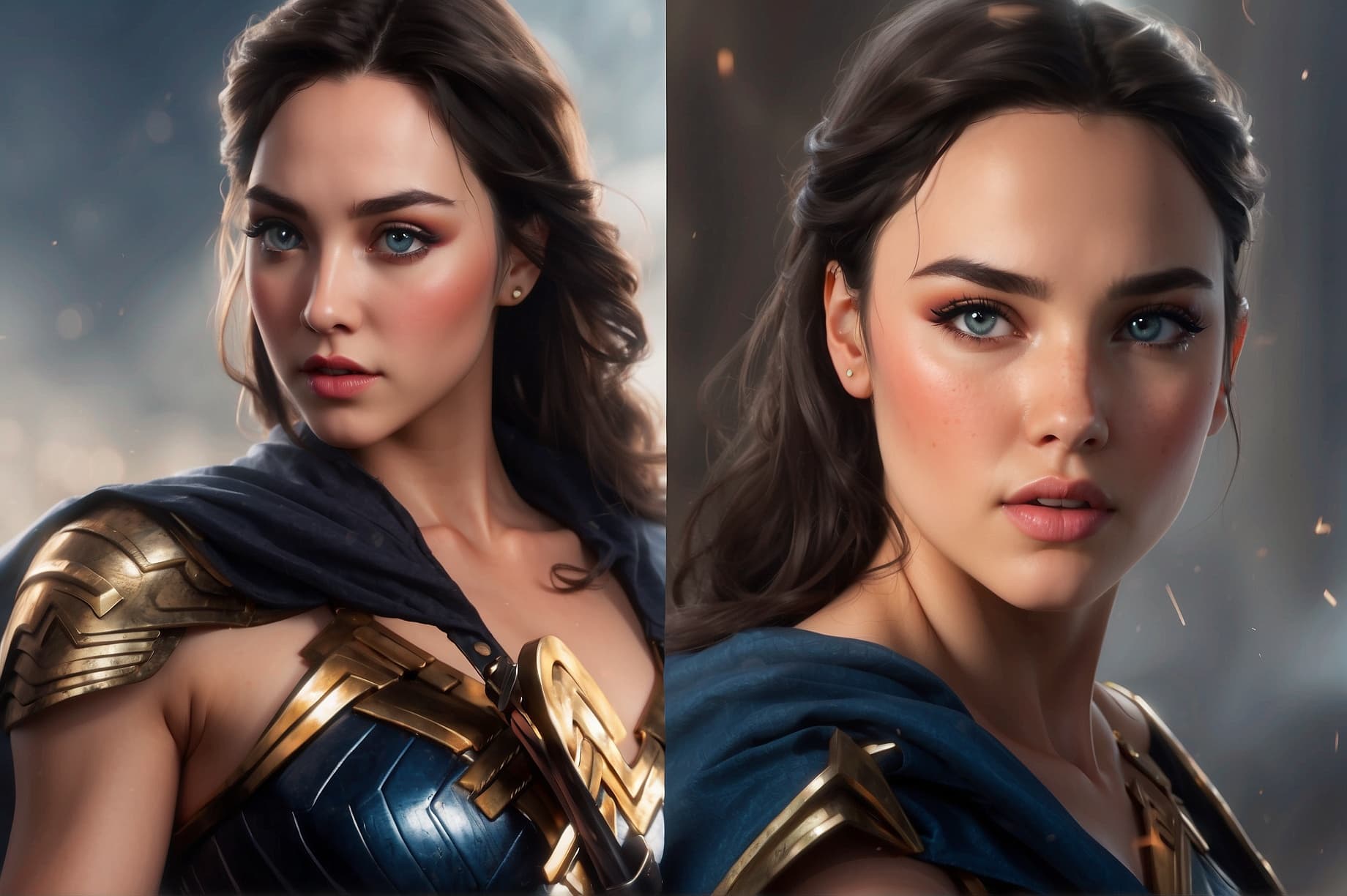 AI generated: In this stunning photograph of Gal Gadot as WonderWoman, her athletic physique big booobs perfect fa...