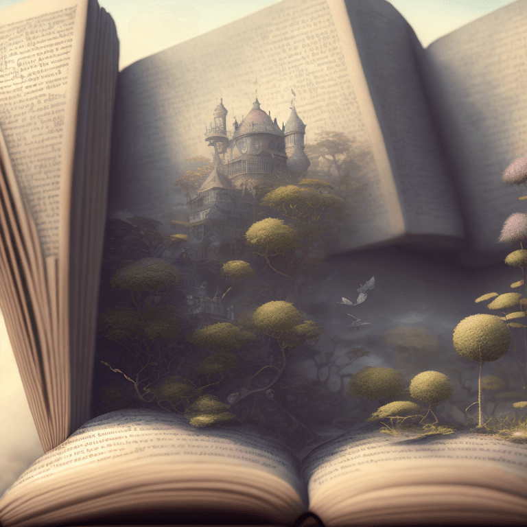 AI generated: open book with a miniature world growing in the pages | Amazing and beautiful creation, muted colors...