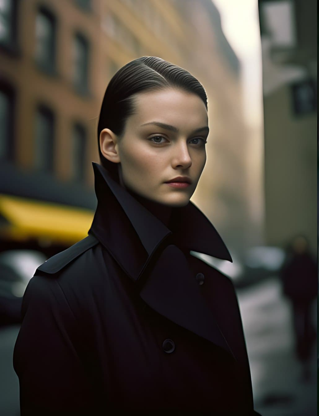 AI generated: beautiful young model in the streets of New York, wearing black long coat. analogue Kodachrome II fi...