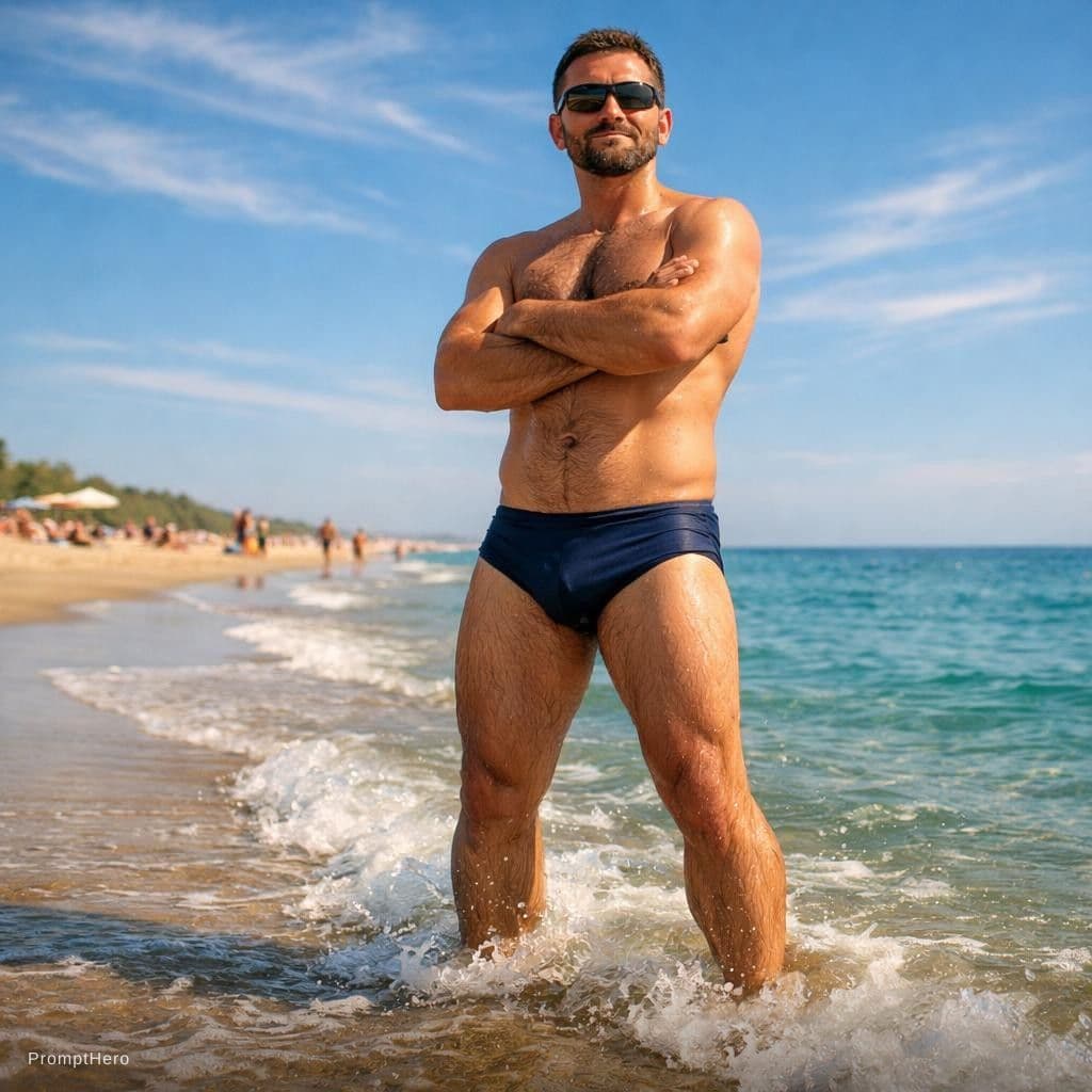 AI generated: A sunlit summer scene at a शांत beach. In the foreground, an adult man stands confidently at the wat...