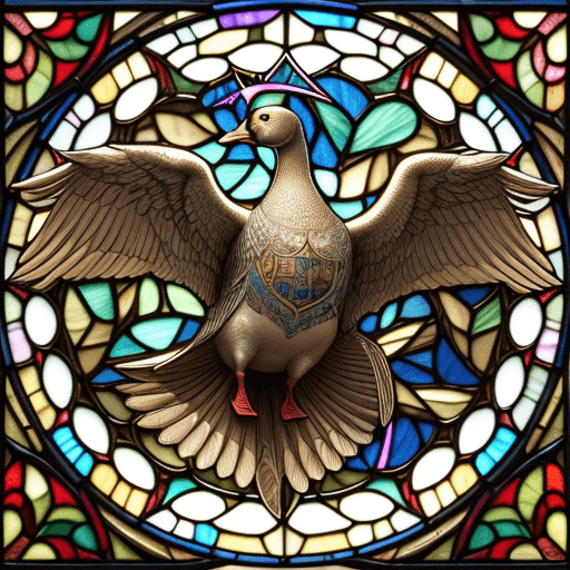 AI generated: A goose spreading its wings as if it were a symbol of freedom, detailed stained glass style, sparkli...