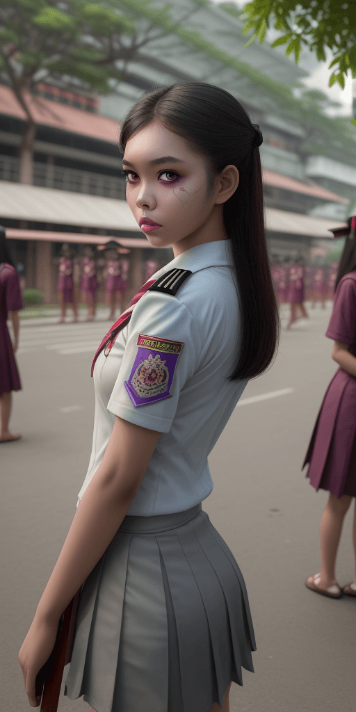 AI generated: masterpiece, best quality, 100zombies, girl Thai university uniforms focus, looking at viewer,  Bang...