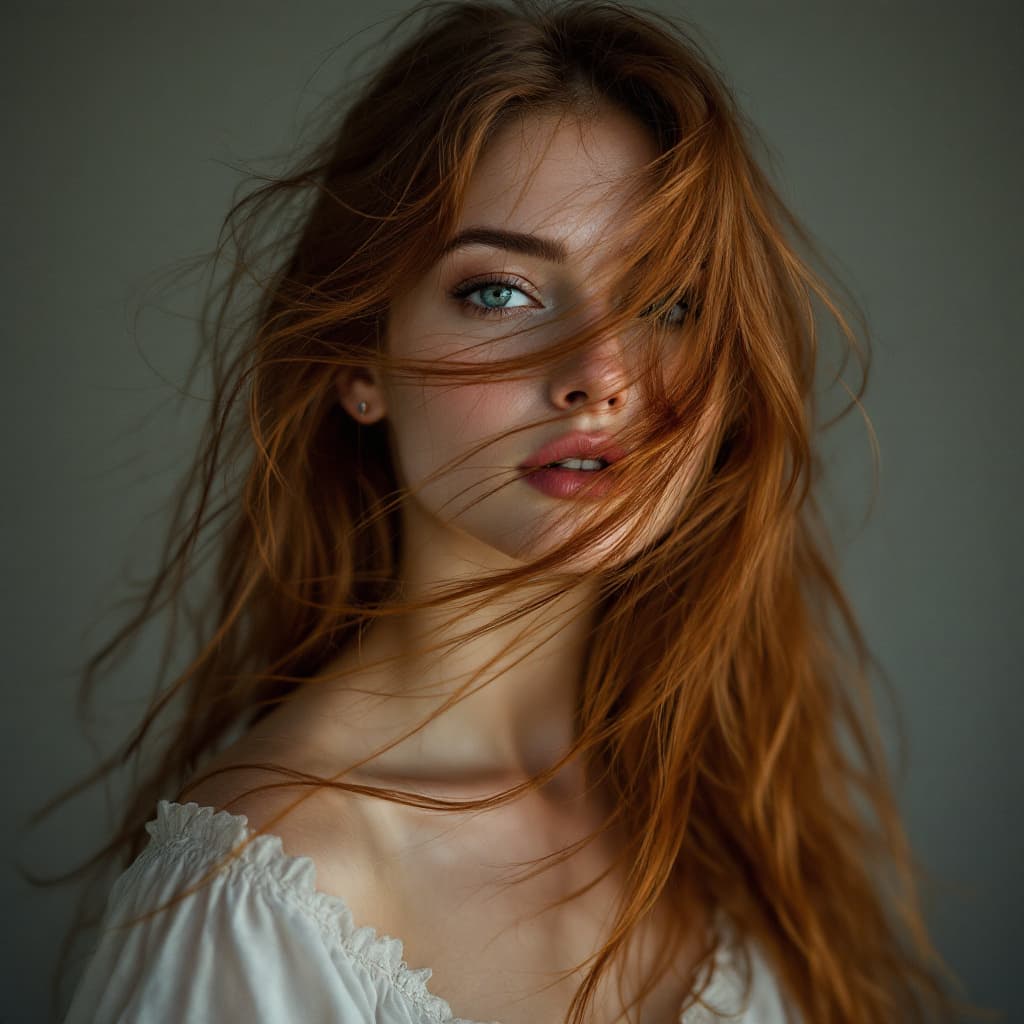 AI generated: femme aux cheveux longs roux au vent, inspiration pop, eau hyperréaliste, gifs animés, Mario Testino...