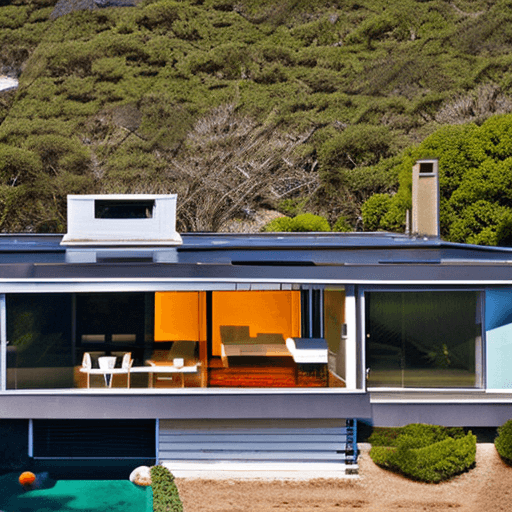 AI generated: Hyper realistic eye level exterior photo of a mid century modern style house overlooking the ocean, ...