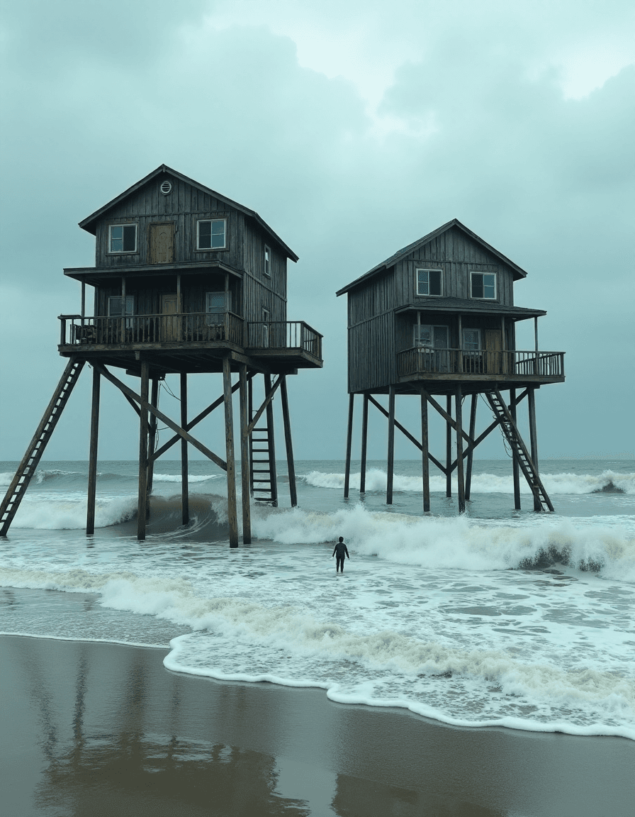 AI generated: (ultra-realistic:1.2) Two weathered wooden beach houses elevated on tall stilts, standing precarious...
