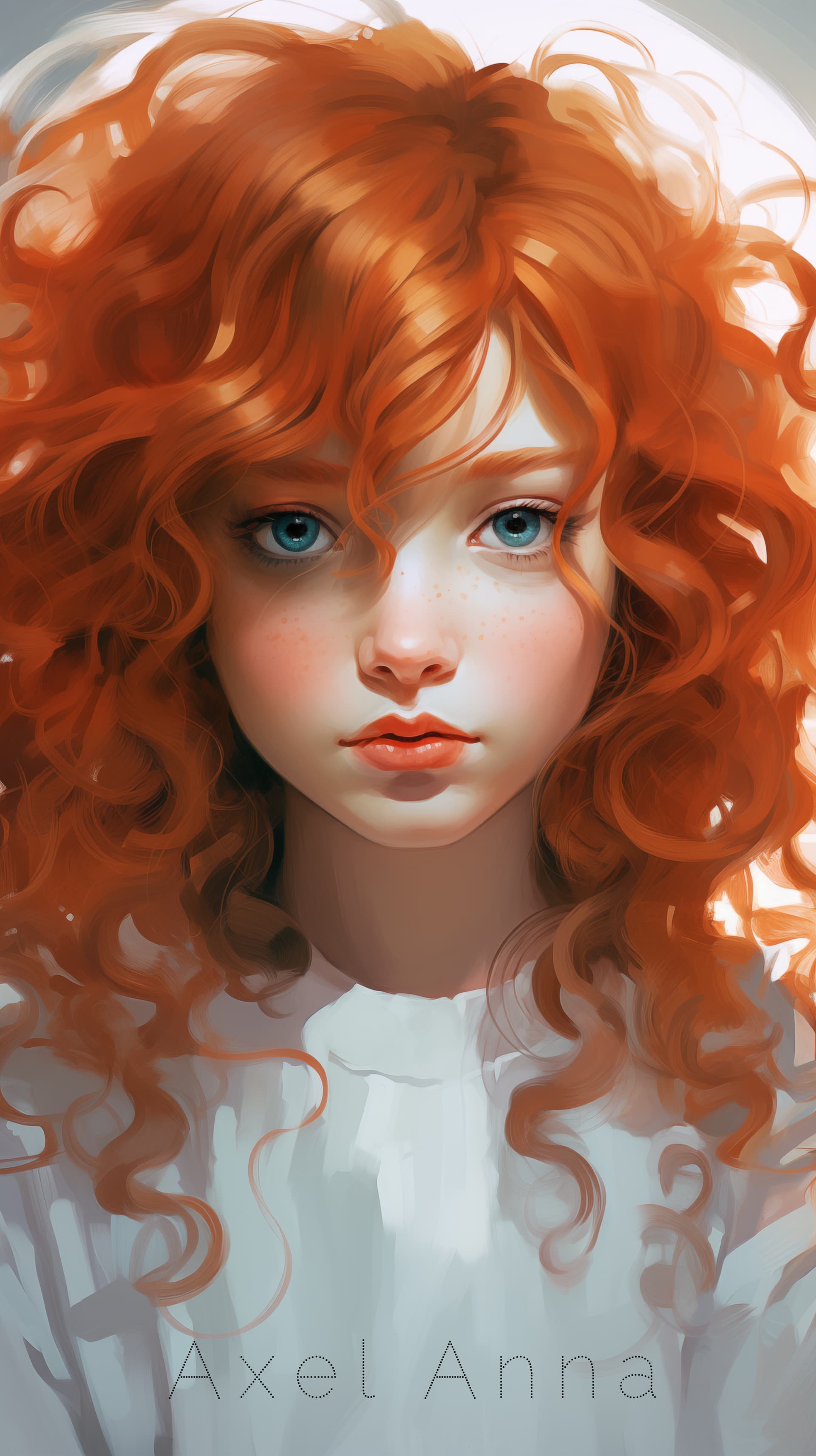 AI generated: a painted girl with curly hair and blue eyes, in the style of realistic and hyper-detailed rendering...