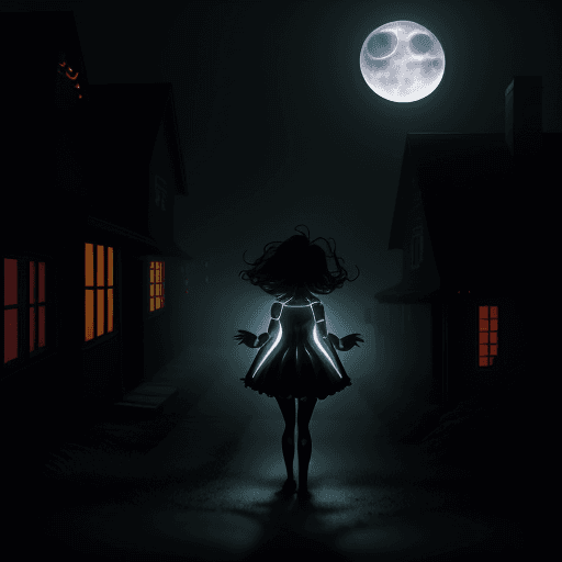 AI generated: figure walking towards the black school bus, glowing lights, foggy, moonlight<lora:xl_more_art-full_...