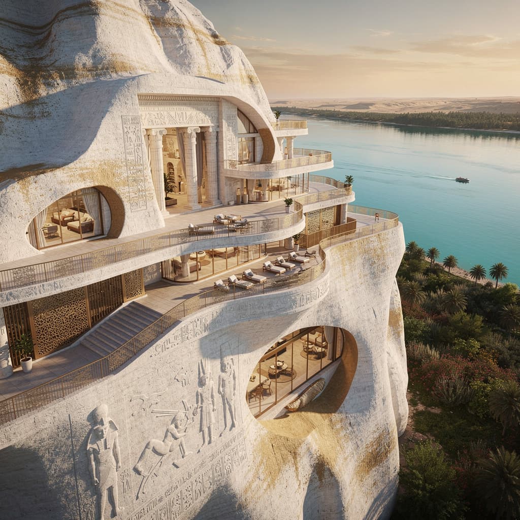 AI generated: A luxurious hotel carved inside a white mountain, located on the banks of the Nile River, blending a...