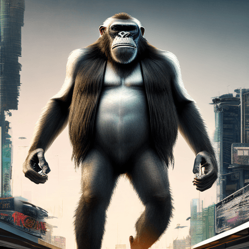 AI generated: king of apes, fashion casual ape, sneakers, sunglasses, jeans pants, futuristic background, full fig...