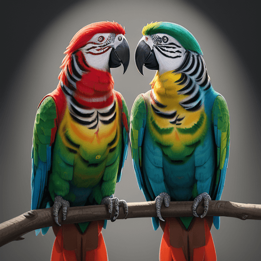 AI generated: a colorful painting of two parrots sitting on a branch, in the style of marcin sobas, 32k uhd, anima...