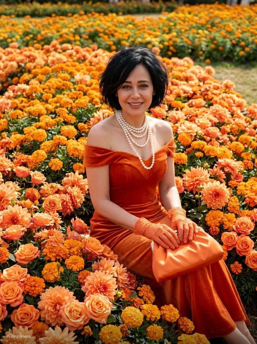 AI generated: beautiful fashion model with orange dress, and sitting on orange flowerbed, --ar 3:4